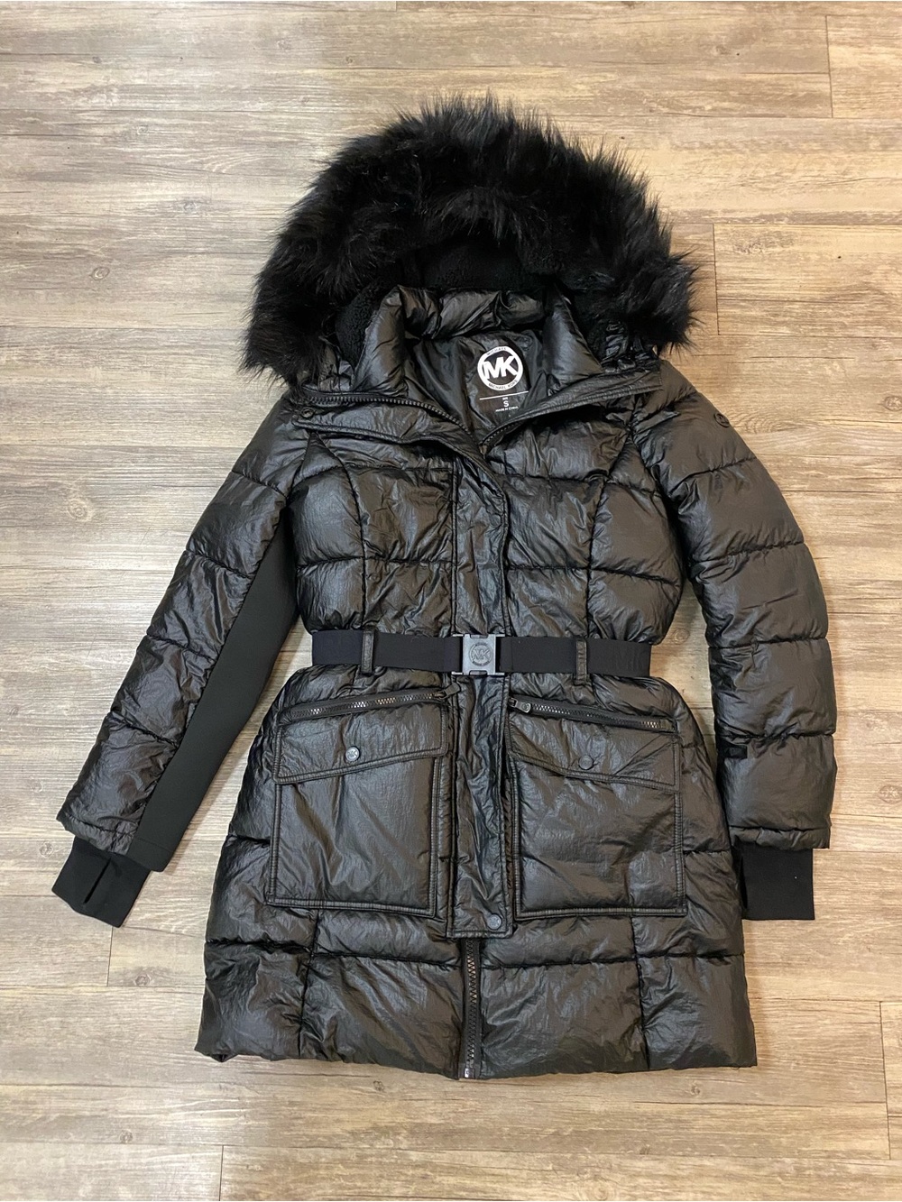 Michael Kors Black Puffer Coat with Belt & Faux-Fur Hood